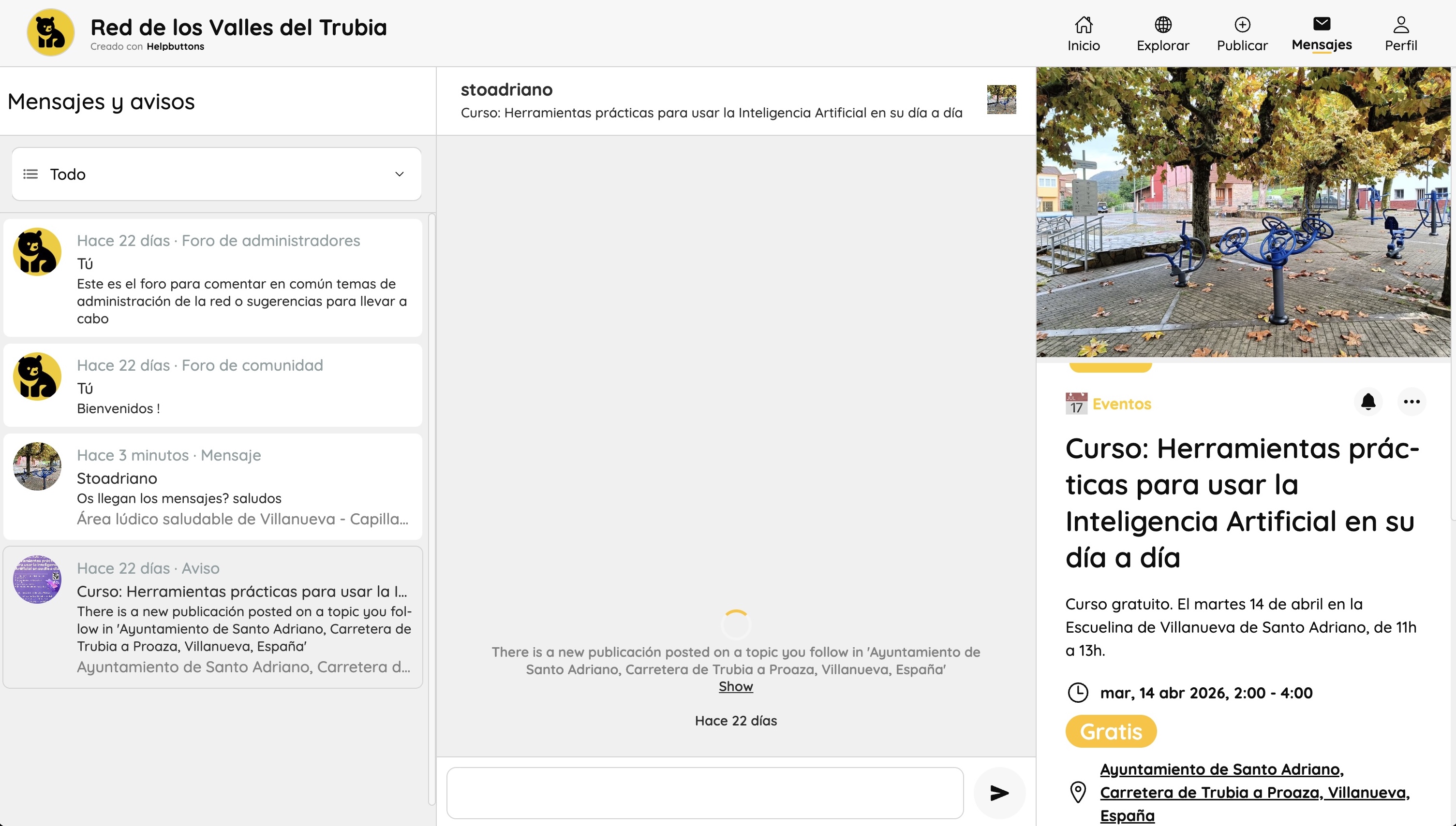Mensajes — avisos y feed de eventos